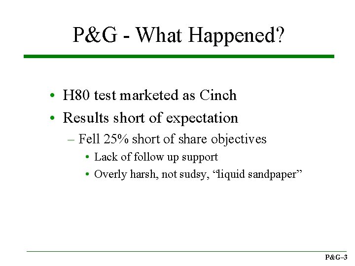 P&G - What Happened? • H 80 test marketed as Cinch • Results short