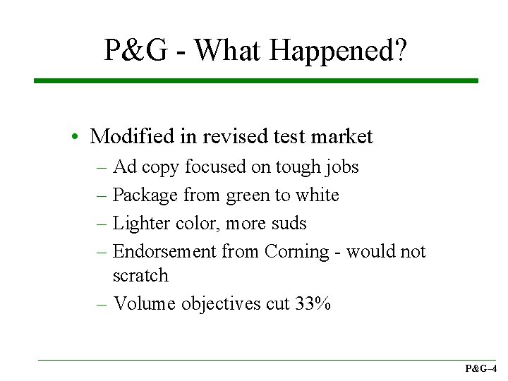 P&G - What Happened? • Modified in revised test market – Ad copy focused