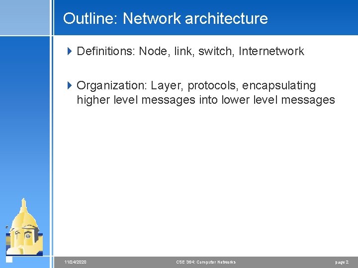 Outline: Network architecture 4 Definitions: Node, link, switch, Internetwork 4 Organization: Layer, protocols, encapsulating