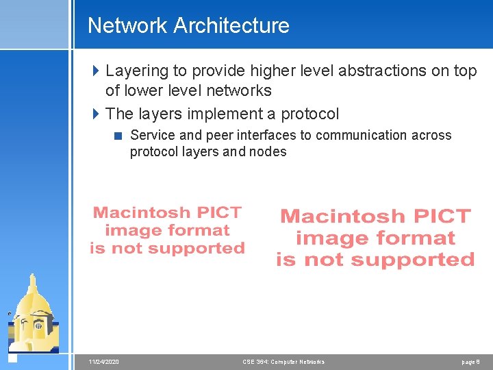 Network Architecture 4 Layering to provide higher level abstractions on top of lower level