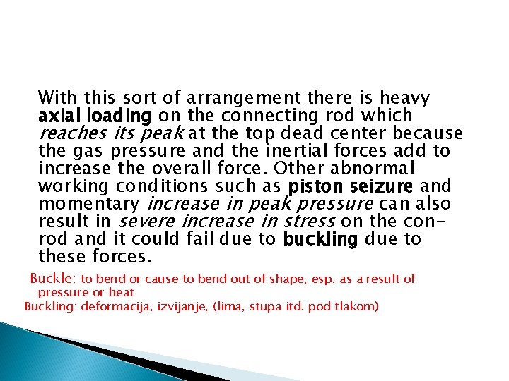 With this sort of arrangement there is heavy axial loading on the connecting rod With this sort of arrangement there is heavy axial loading on the connecting rod