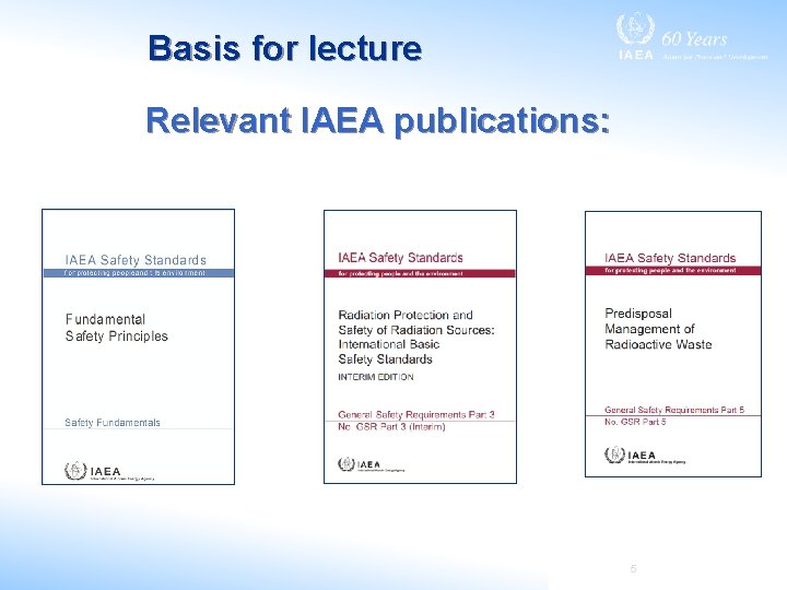 Basis for lecture Relevant IAEA publications: 5 