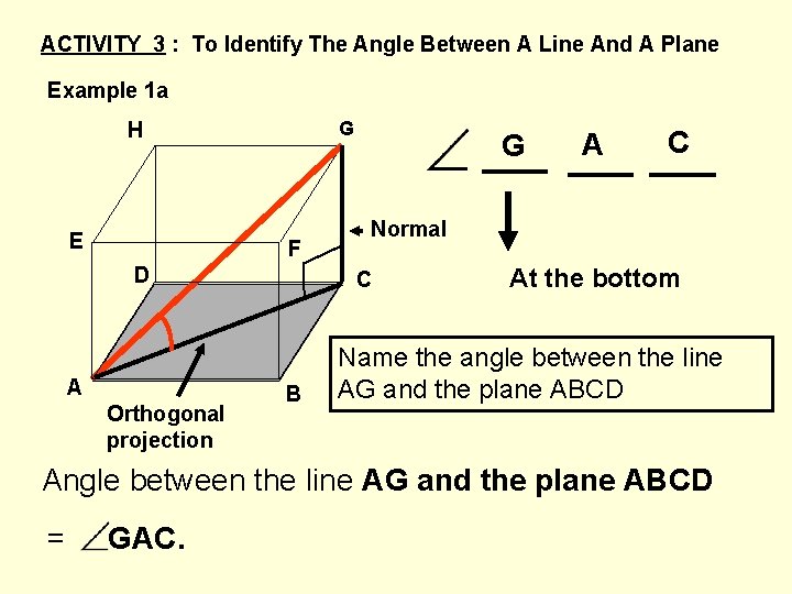 ACTIVITY 3 : To Identify The Angle Between A Line And A Plane Example ACTIVITY 3 : To Identify The Angle Between A Line And A Plane Example