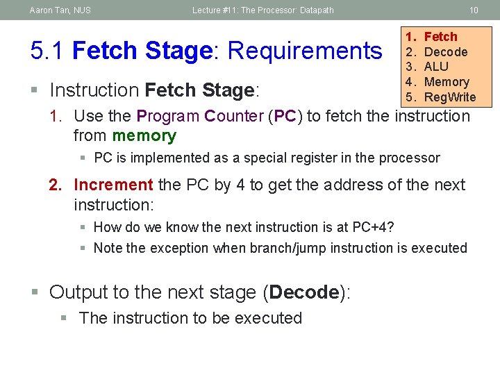 Aaron Tan, NUS Lecture #11: The Processor: Datapath 5. 1 Fetch Stage: Requirements §