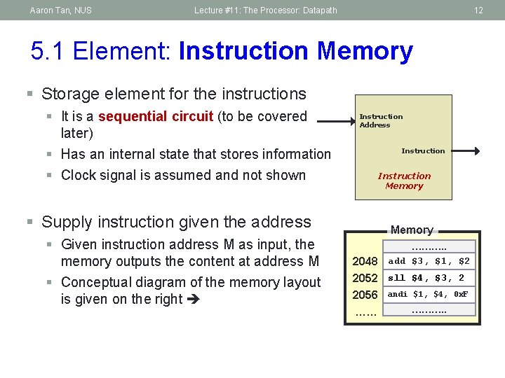 Aaron Tan, NUS Lecture #11: The Processor: Datapath 12 5. 1 Element: Instruction Memory