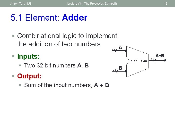 Aaron Tan, NUS Lecture #11: The Processor: Datapath 13 5. 1 Element: Adder §