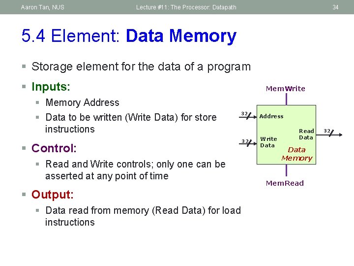 Aaron Tan, NUS Lecture #11: The Processor: Datapath 34 5. 4 Element: Data Memory