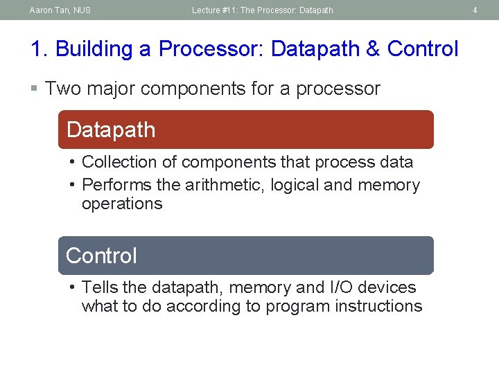 Aaron Tan, NUS Lecture #11: The Processor: Datapath 1. Building a Processor: Datapath &