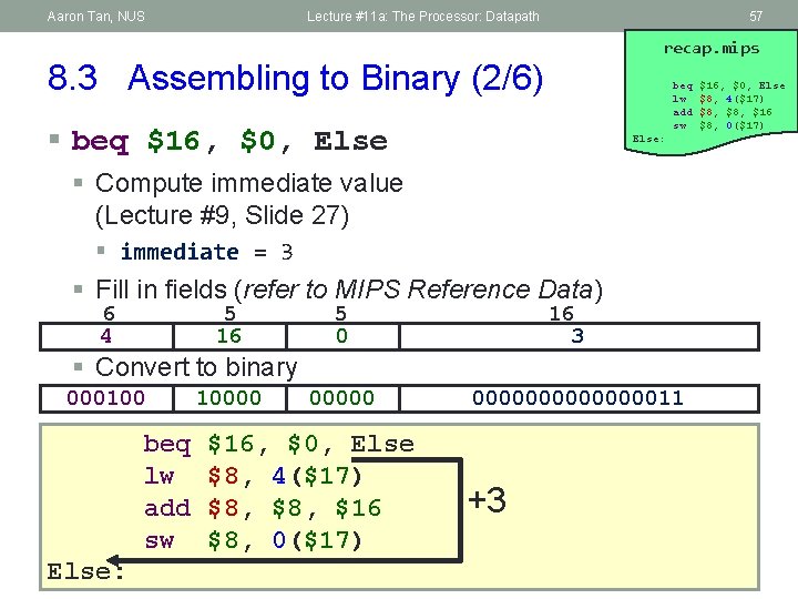 Aaron Tan, NUS Lecture #11 a: The Processor: Datapath 57 recap. mips 8. 3