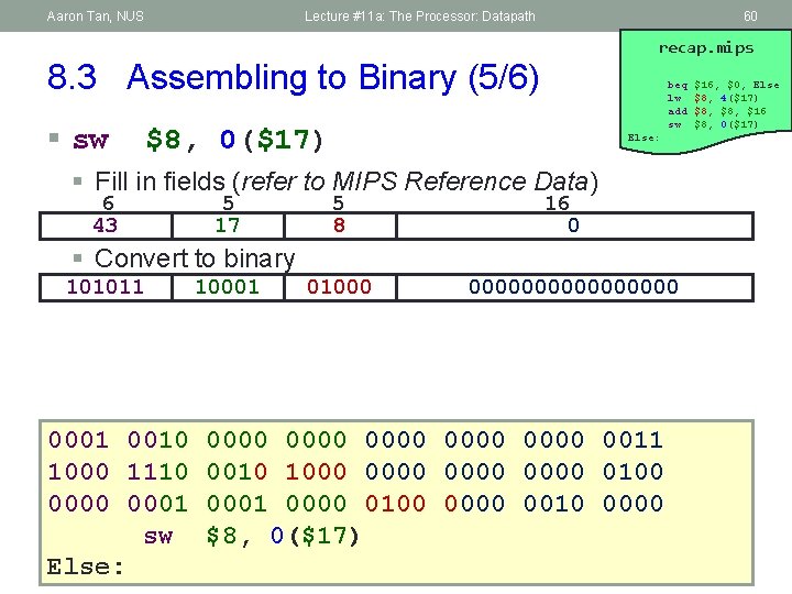 Aaron Tan, NUS Lecture #11 a: The Processor: Datapath 60 recap. mips 8. 3