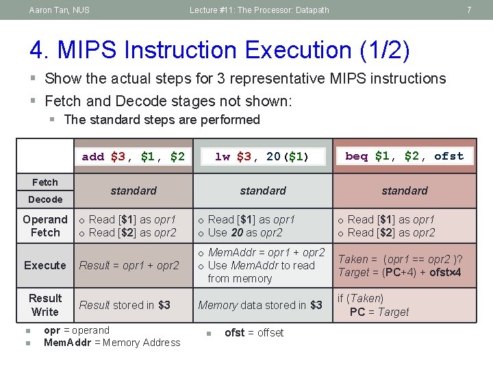 Aaron Tan, NUS Lecture #11: The Processor: Datapath 7 4. MIPS Instruction Execution (1/2)