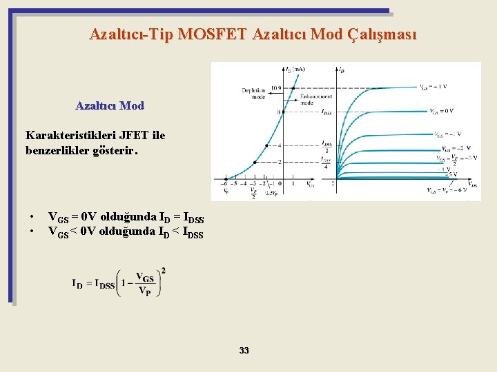 Azaltıcı-Tip MOSFET Azaltıcı Mod Çalışması Azaltıcı Mod Karakteristikleri JFET ile benzerlikler gösterir. • •