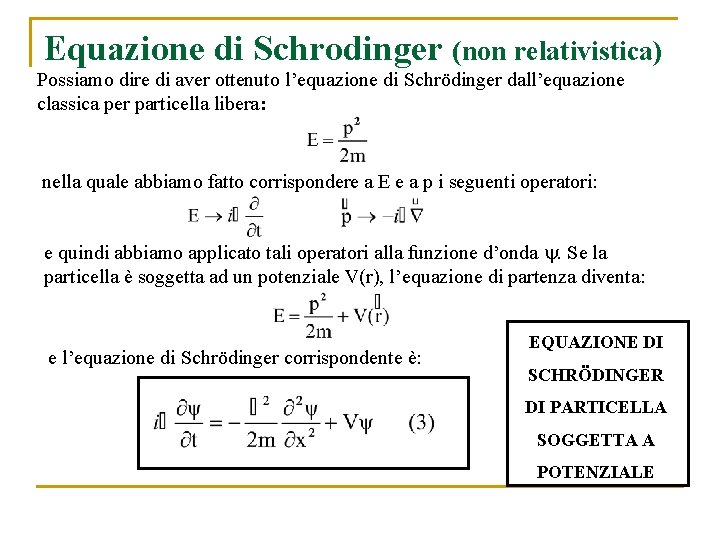 Equazione di Schrodinger (non relativistica) Possiamo dire di aver ottenuto l’equazione di Schrödinger dall’equazione