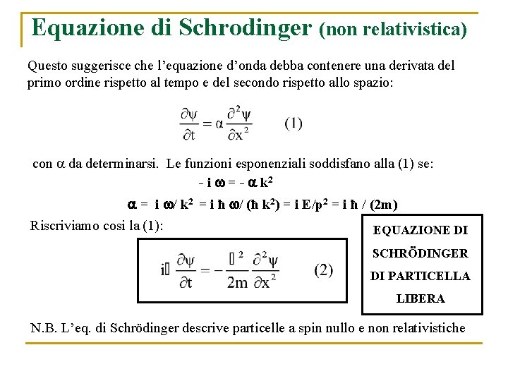 Equazione di Schrodinger (non relativistica) Questo suggerisce che l’equazione d’onda debba contenere una derivata