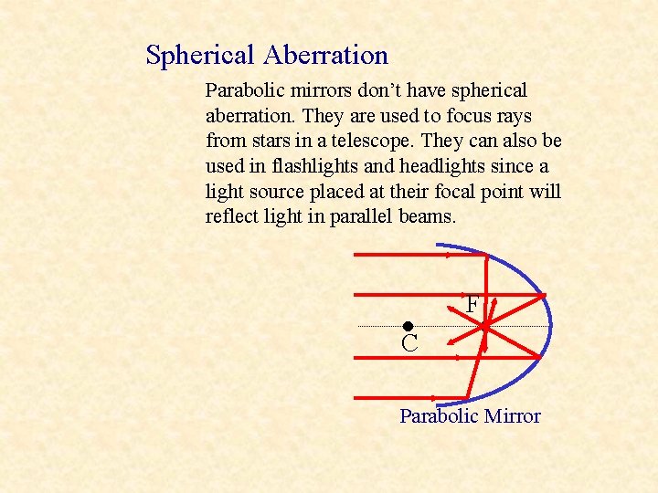 Spherical Aberration Parabolic mirrors don’t have spherical aberration. They are used to focus rays
