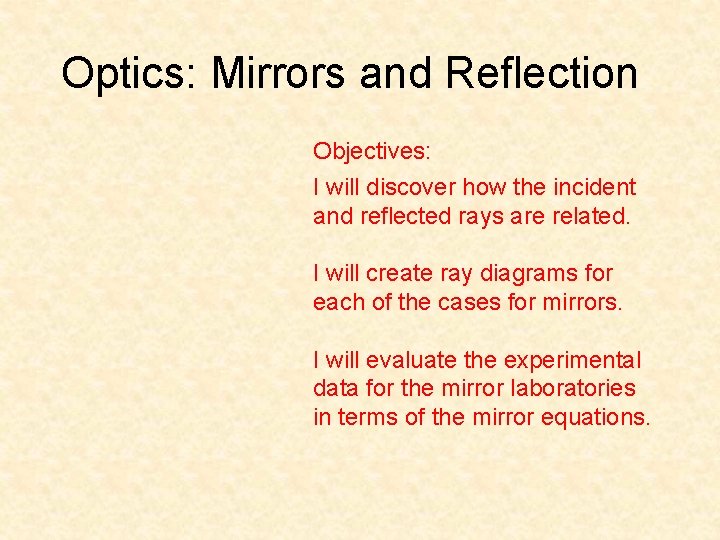 Optics: Mirrors and Reflection Objectives: I will discover how the incident and reflected rays Optics: Mirrors and Reflection Objectives: I will discover how the incident and reflected rays
