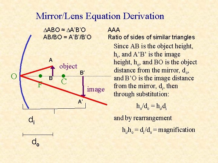 Mirror/Lens Equation Derivation ΔABO ≈ ΔA’B’O AB/BO = A’B’/B’O A • O F B