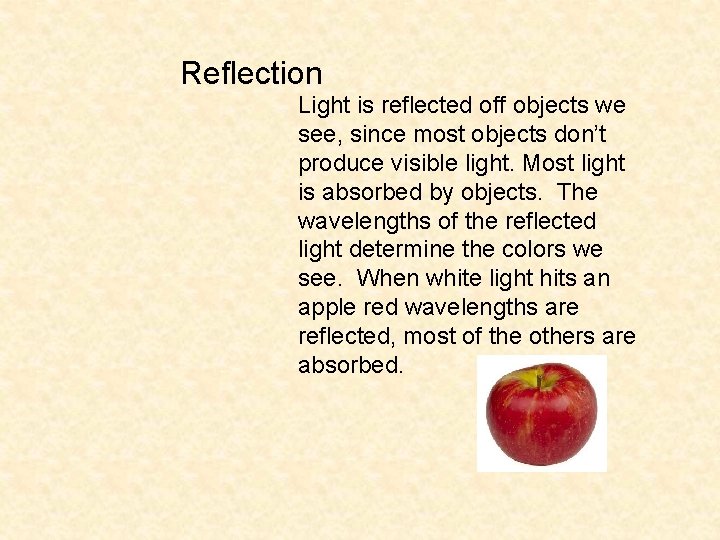 Reflection Light is reflected off objects we see, since most objects don’t produce visible
