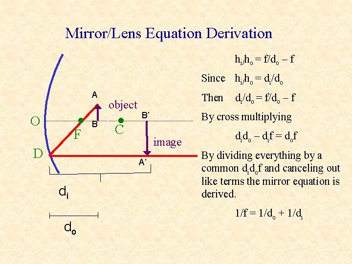 Mirror/Lens Equation Derivation hi/ho = f/do – f Since hi/ho = di/do A • Mirror/Lens Equation Derivation hi/ho = f/do – f Since hi/ho = di/do A •