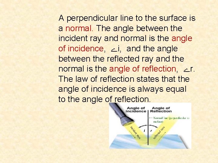A perpendicular line to the surface is a normal. The angle between the incident