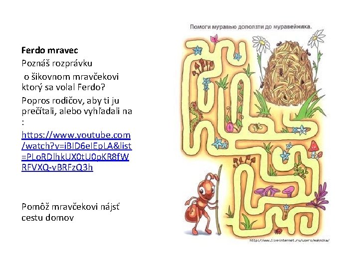 Ferdo mravec Poznáš rozprávku o šikovnom mravčekovi ktorý sa volal Ferdo? Popros rodičov, aby
