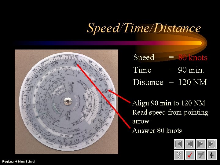 Speed/Time/Distance Speed = 80 knots Time = 90 min. Distance = 120 NM Align