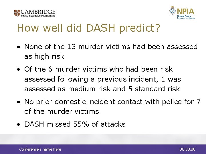 How well did DASH predict? • None of the 13 murder victims had been