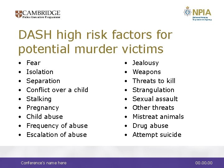 DASH high risk factors for potential murder victims • • • Fear Isolation Separation