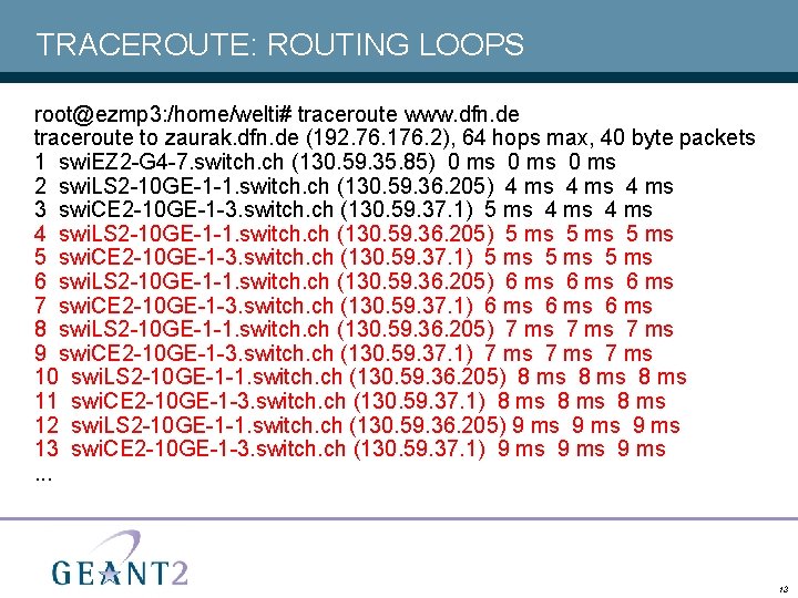 TRACEROUTE: ROUTING LOOPS root@ezmp 3: /home/welti# traceroute www. dfn. de traceroute to zaurak. dfn.