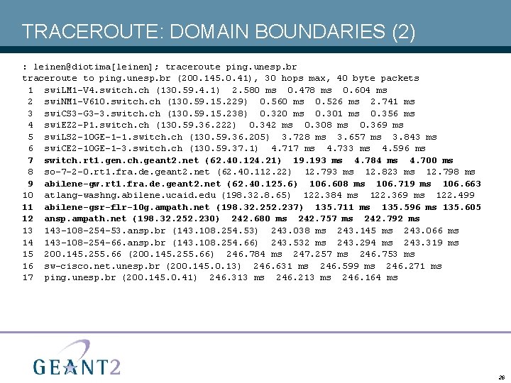 TRACEROUTE: DOMAIN BOUNDARIES (2) : leinen@diotima[leinen]; traceroute ping. unesp. br traceroute to ping. unesp.