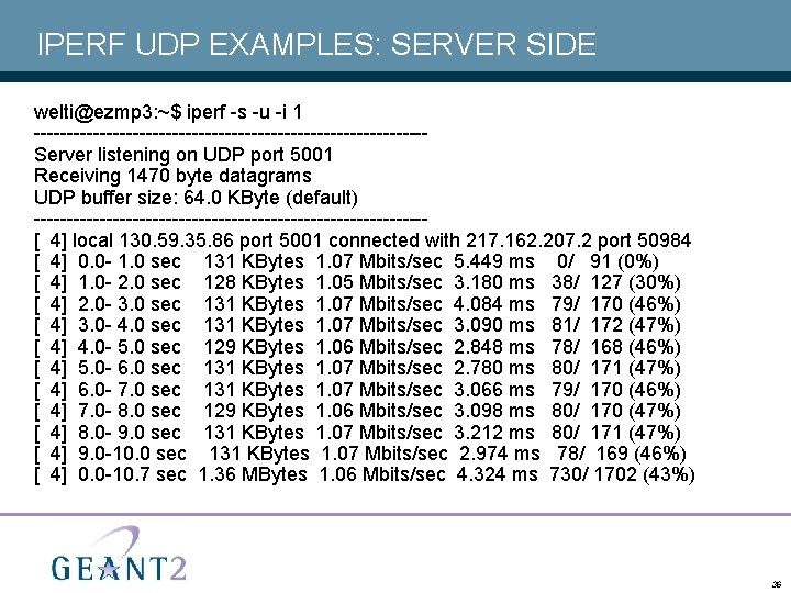 IPERF UDP EXAMPLES: SERVER SIDE welti@ezmp 3: ~$ iperf -s -u -i 1 ------------------------------Server