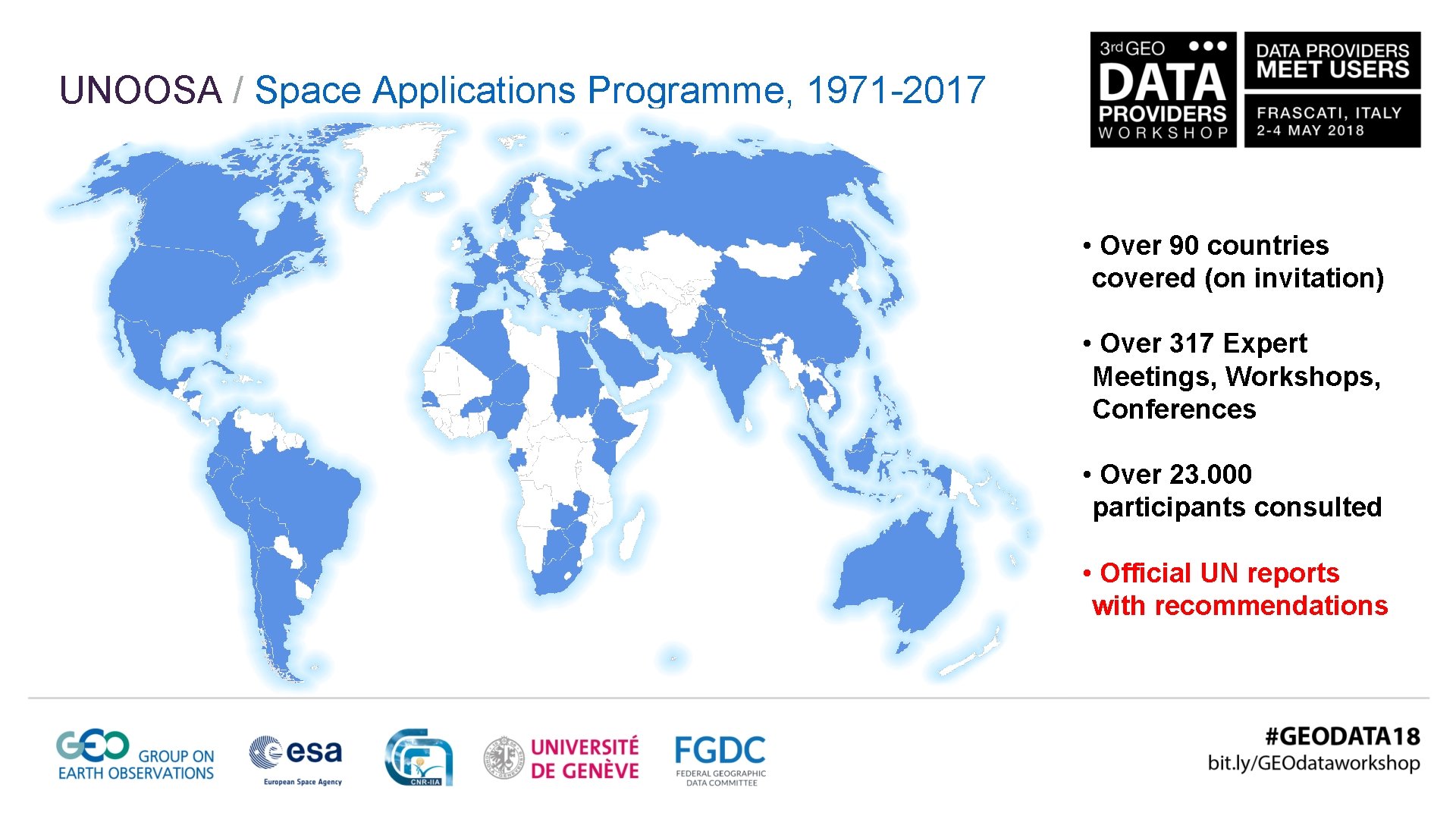 UNOOSA / Space Applications Programme, 1971 -2017 • Over 90 countries covered (on invitation)