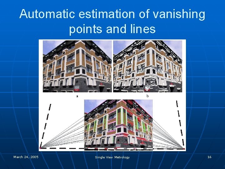 Automatic estimation of vanishing points and lines March 24, 2005 Single View Metrology 16