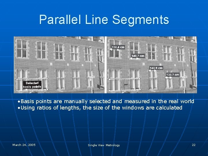 Parallel Line Segments • Basis points are manually selected and measured in the real Parallel Line Segments • Basis points are manually selected and measured in the real