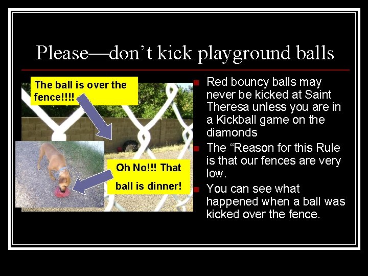 Please—don’t kick playground balls The ball is over the fence!!!! n n Oh No!!!