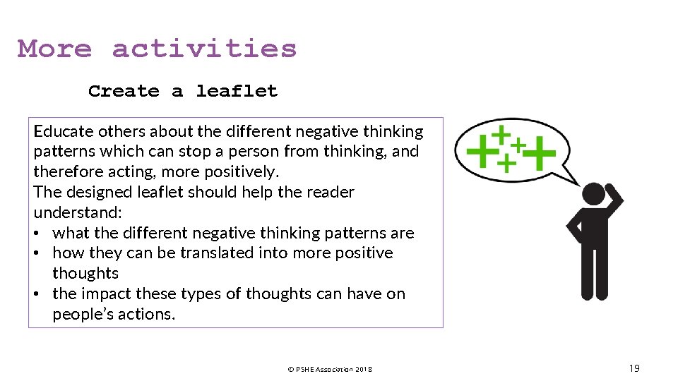 More activities Create a leaflet Educate others about the different negative thinking patterns which