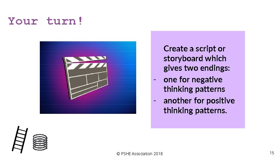 Your turn! Create a script or storyboard which gives two endings: - one for