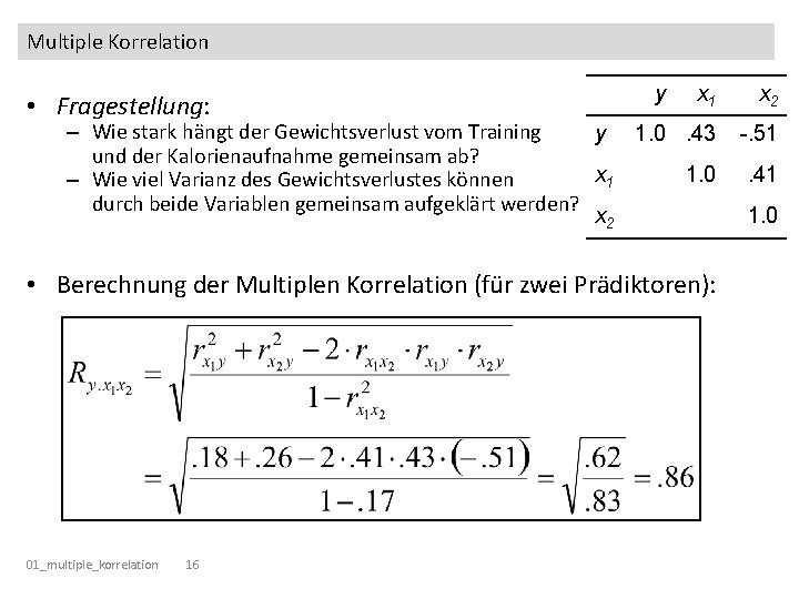 Multiple Korrelation x 1 x 2 – Wie stark hängt der Gewichtsverlust vom Training