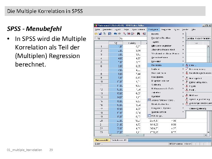 Die Multiple Korrelation in SPSS - Menubefehl • In SPSS wird die Multiple Korrelation