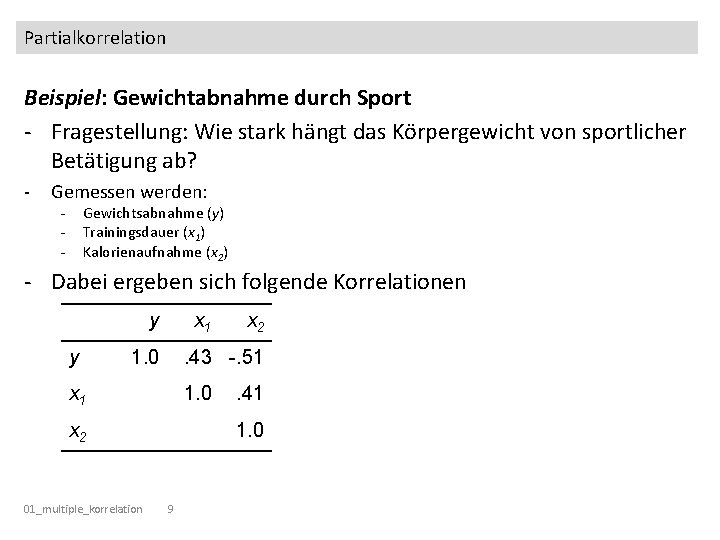 Partialkorrelation Beispiel: Gewichtabnahme durch Sport - Fragestellung: Wie stark hängt das Körpergewicht von sportlicher