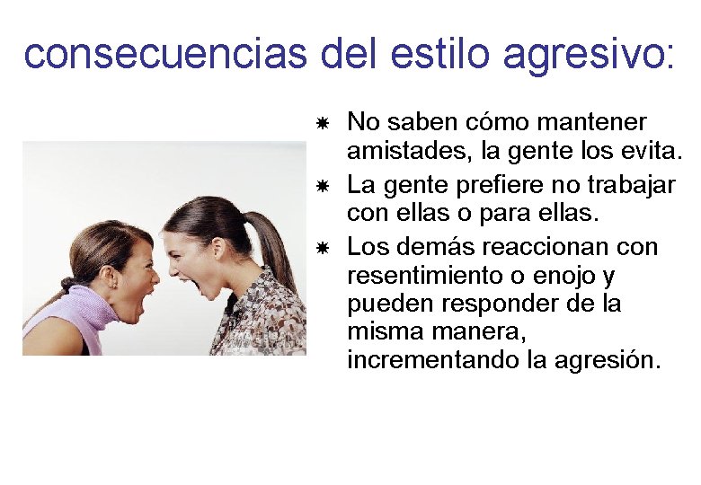 consecuencias del estilo agresivo: No saben cómo mantener amistades, la gente los evita. La consecuencias del estilo agresivo: No saben cómo mantener amistades, la gente los evita. La