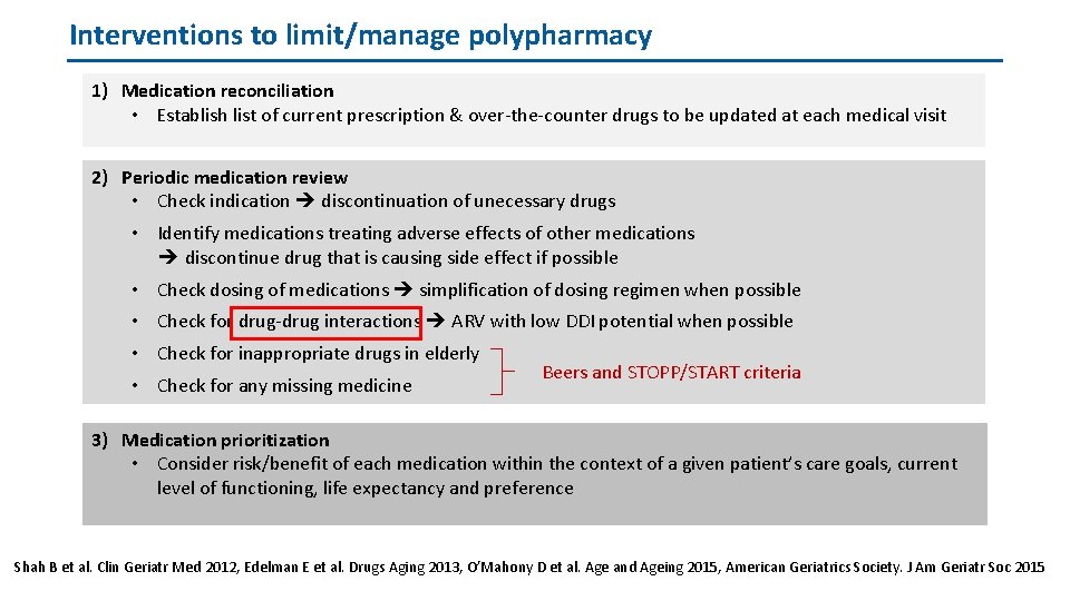 Interventions to limit/manage polypharmacy 1) Medication reconciliation • Establish list of current prescription &