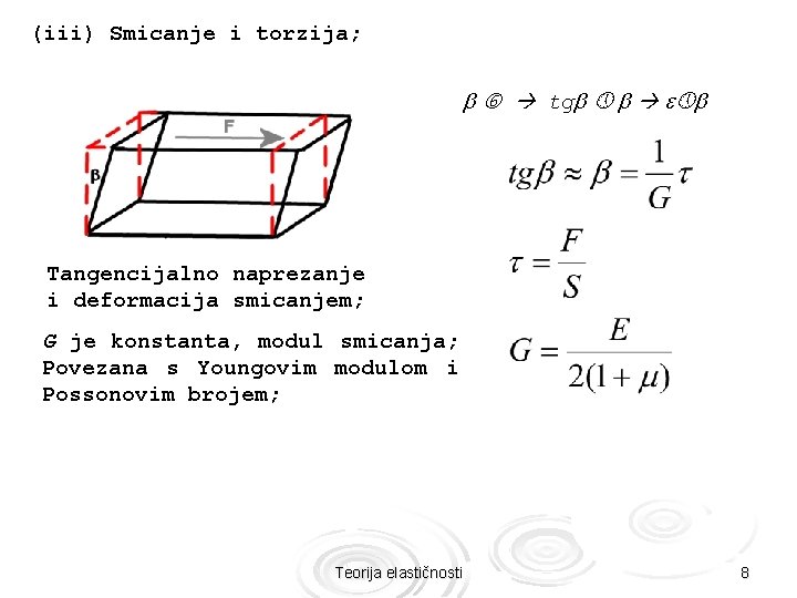 (iii) Smicanje i torzija; tg Tangencijalno naprezanje i deformacija smicanjem; G je konstanta, modul