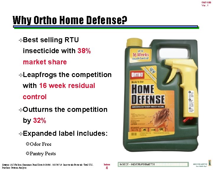 06/01/98 Ver. 1 Why Ortho Home Defense? ²Best selling RTU insecticide with 38% market 06/01/98 Ver. 1 Why Ortho Home Defense? ²Best selling RTU insecticide with 38% market