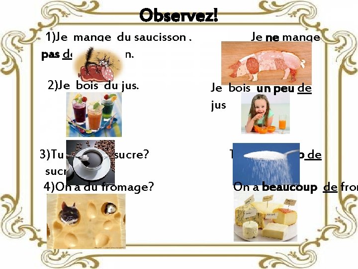 Observez! 1)Je mange du saucisson. Je ne mange pas de saucisson. 2)Je bois du
