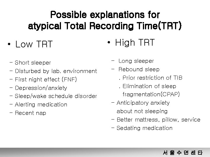 Possible explanations for atypical Total Recording Time(TRT) • Low TRT - Short sleeper Disturbed