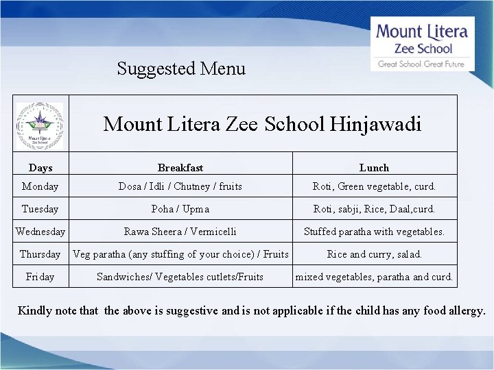 Suggested Menu Mount Litera Zee School Hinjawadi Days Breakfast Lunch Monday Dosa / Idli