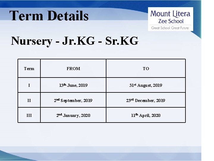 Term Details Nursery - Jr. KG - Sr. KG Term FROM TO I 13