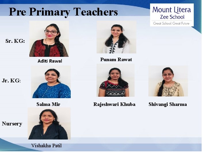 Pre Primary Teachers Sr. KG: Aditi Rawal Punam Rawat Jr. KG: Salma Mir Nursery