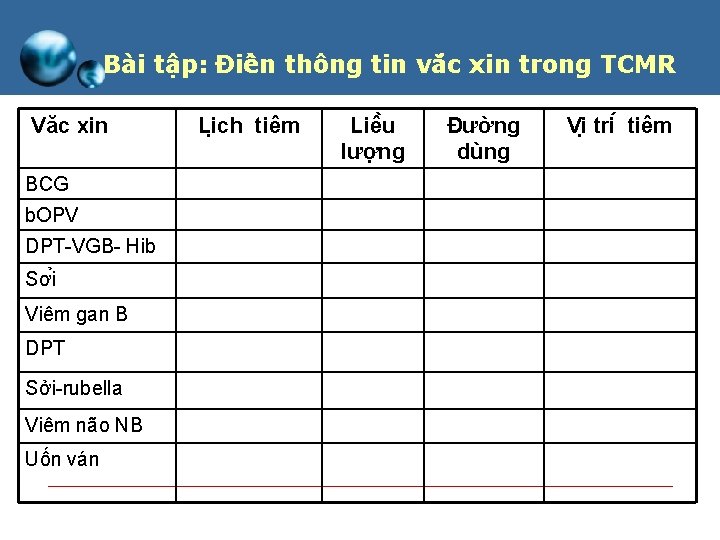 Ba i tâ p: Điê n thông tin vă c xin trong TCMR Văc Ba i tâ p: Điê n thông tin vă c xin trong TCMR Văc
